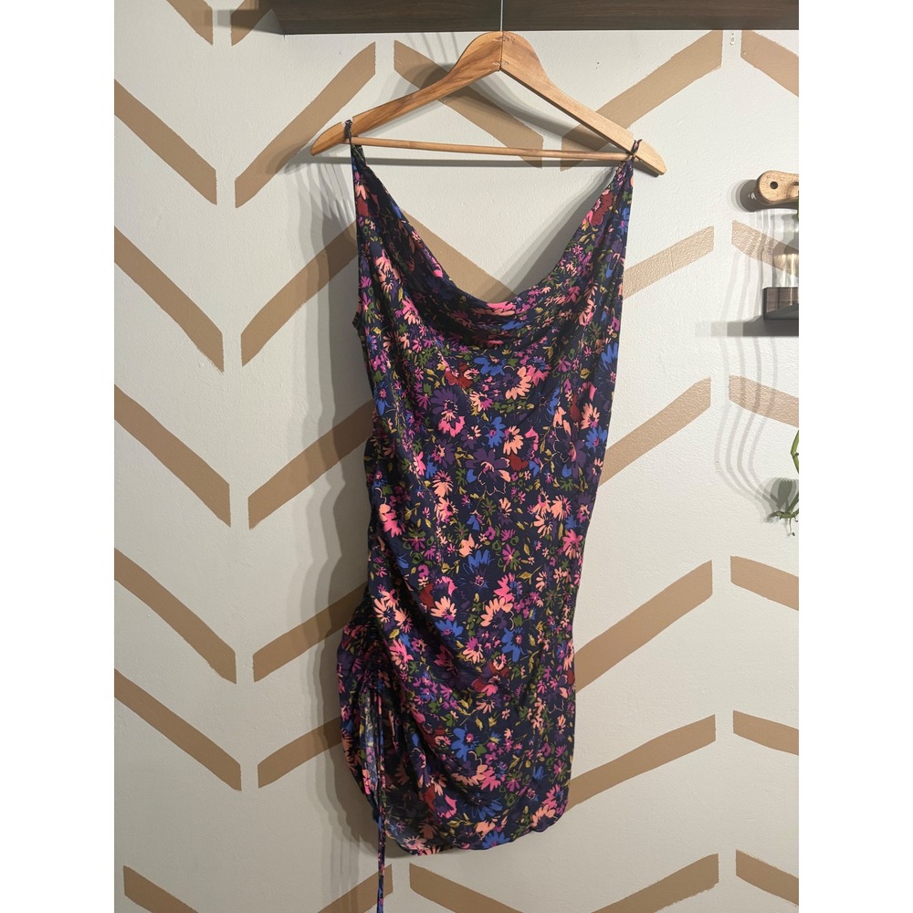 Rays for Days Floral Mini Dress Womens Large Navy Blue Ruched Cowl Neck